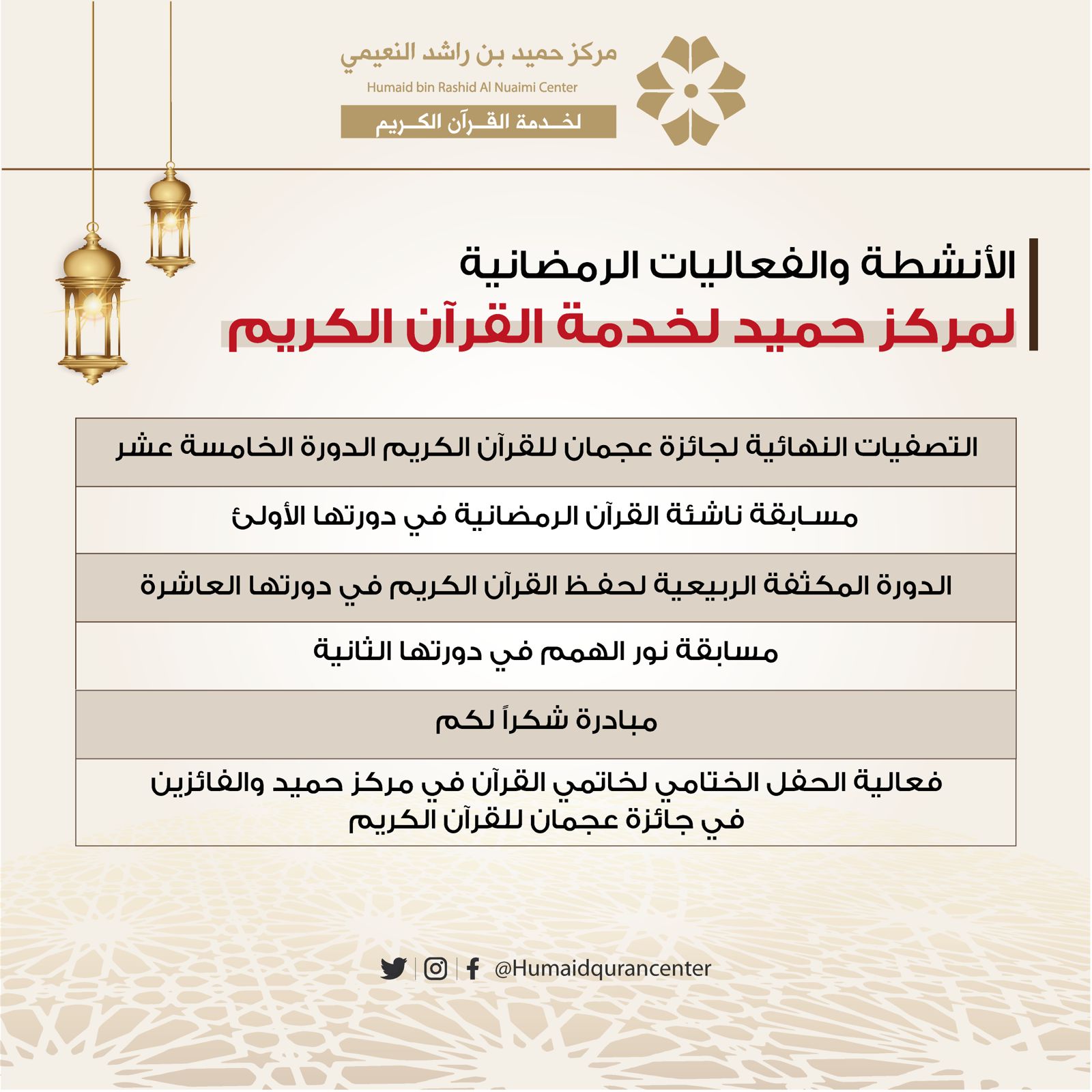 مركز حميد بن راشد لخدمة القرآن الكريم ينظم باقة متنوعة من الفعاليات الرمضانية
